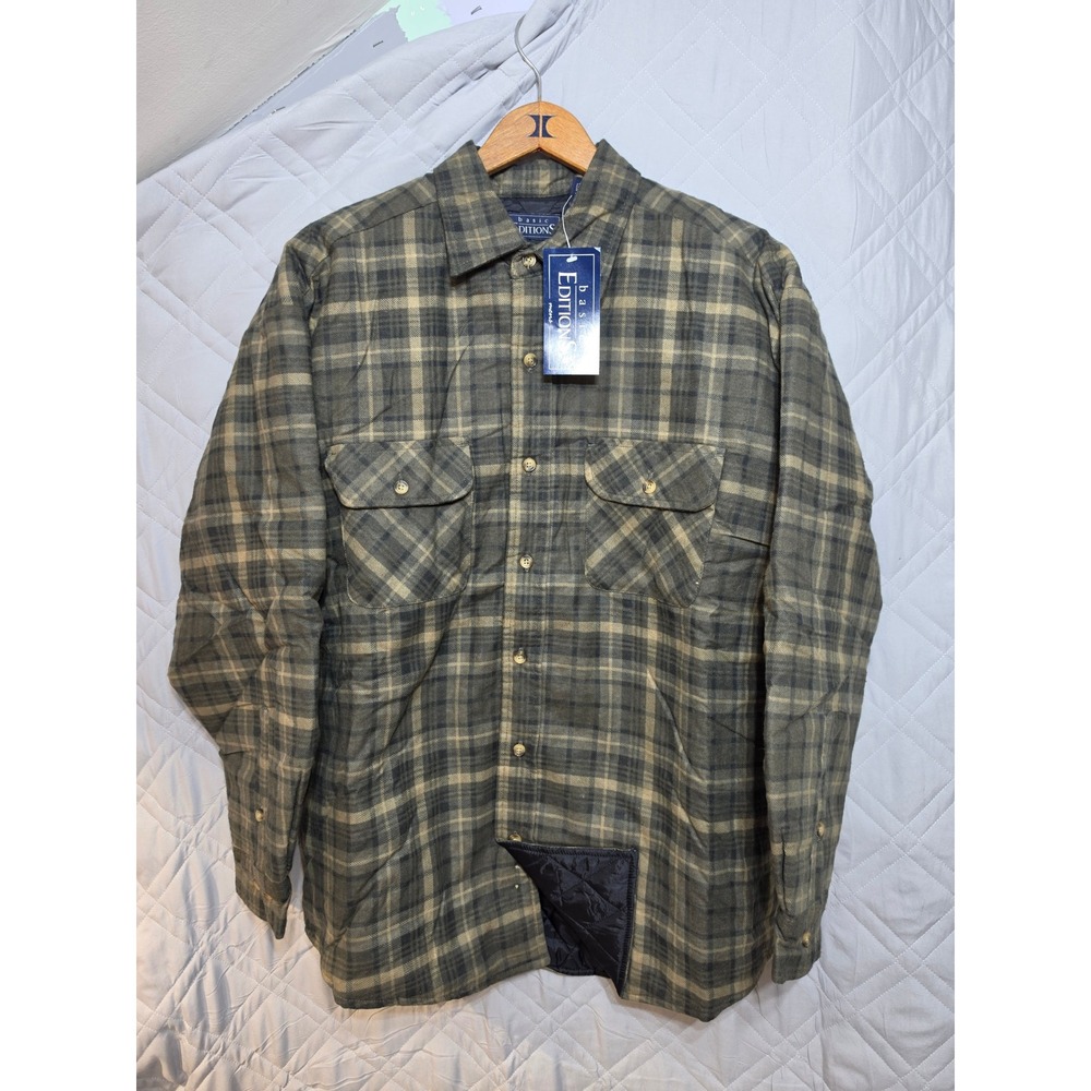 Basic Editions Mens Quilted Flannel Shirt Jacket Plaid Olive Green Size Medium